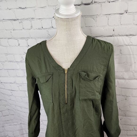 ROZ & ALI WOMEN'S ARMY GREEN TOP  1/4 QUARTER ZIP ROLL SLEEVE OPTION SIZE SMALL - Picture 3 of 7